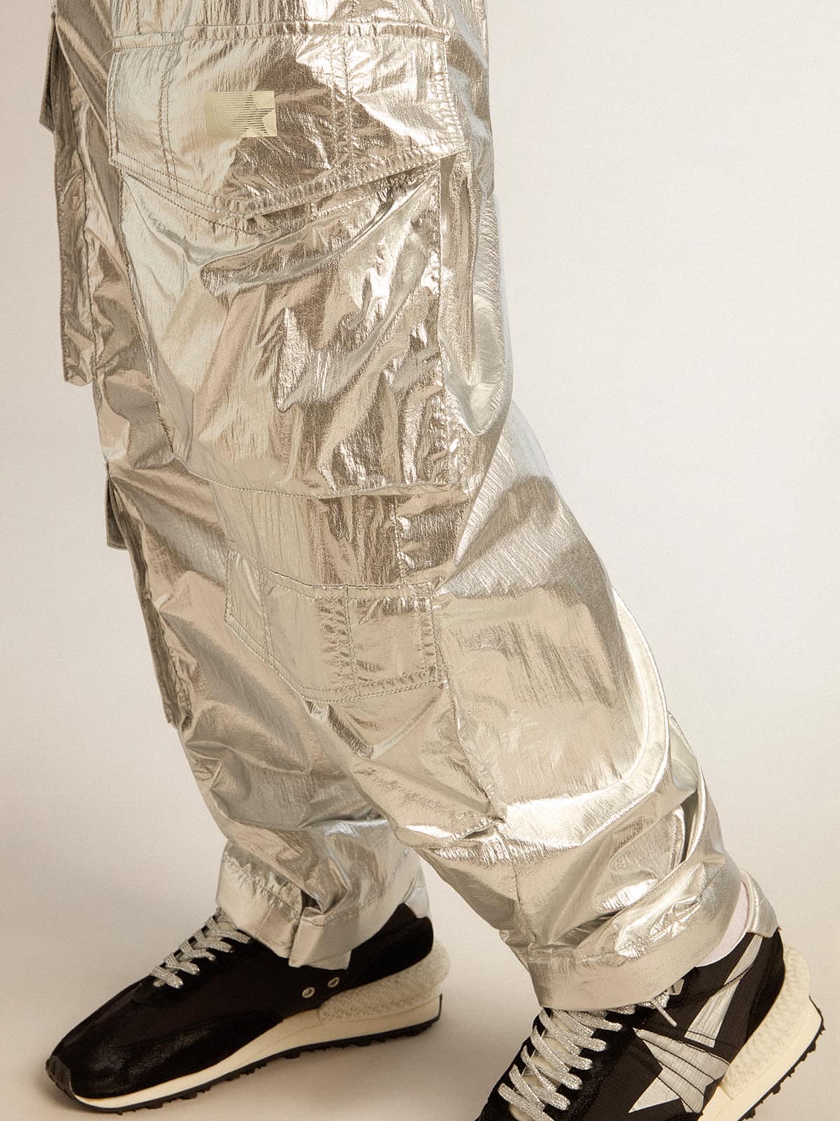 Golden Goose Men's cargo pants in silver technical fabric