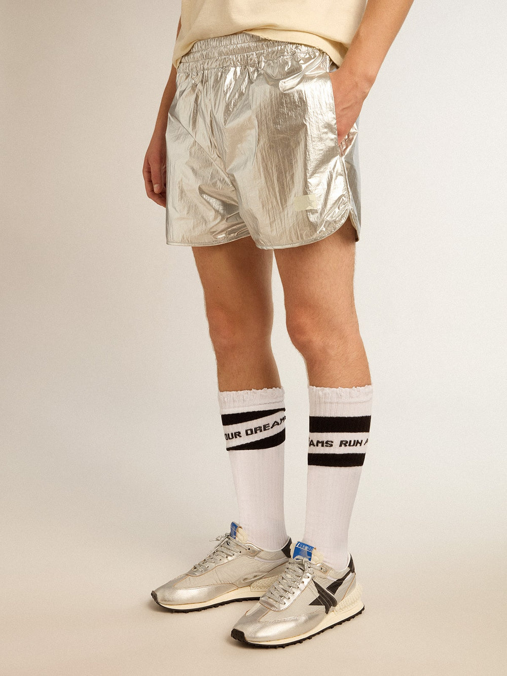 Golden Goose Men's running shorts in silver fabric