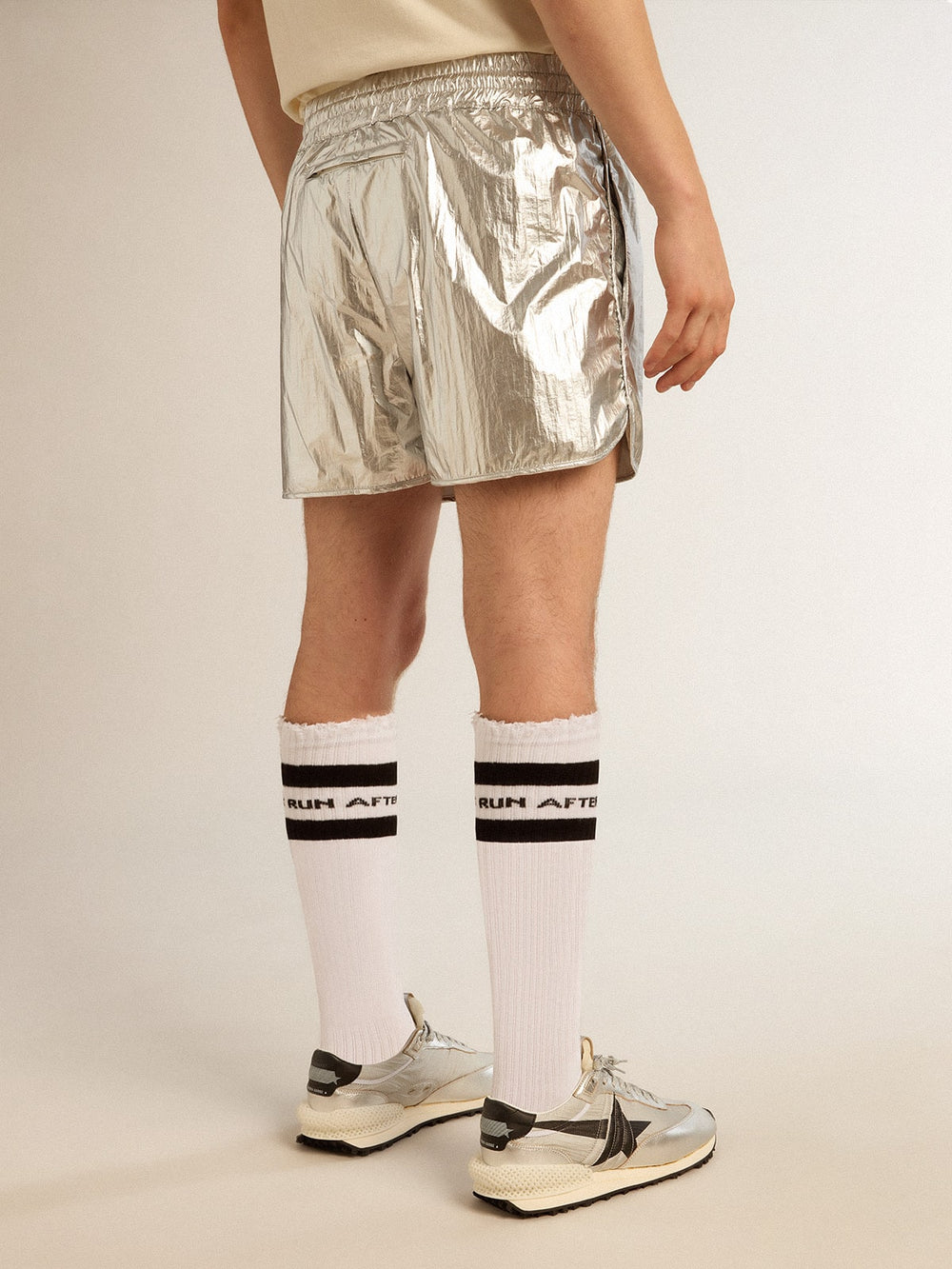 Golden Goose Men's running shorts in silver fabric