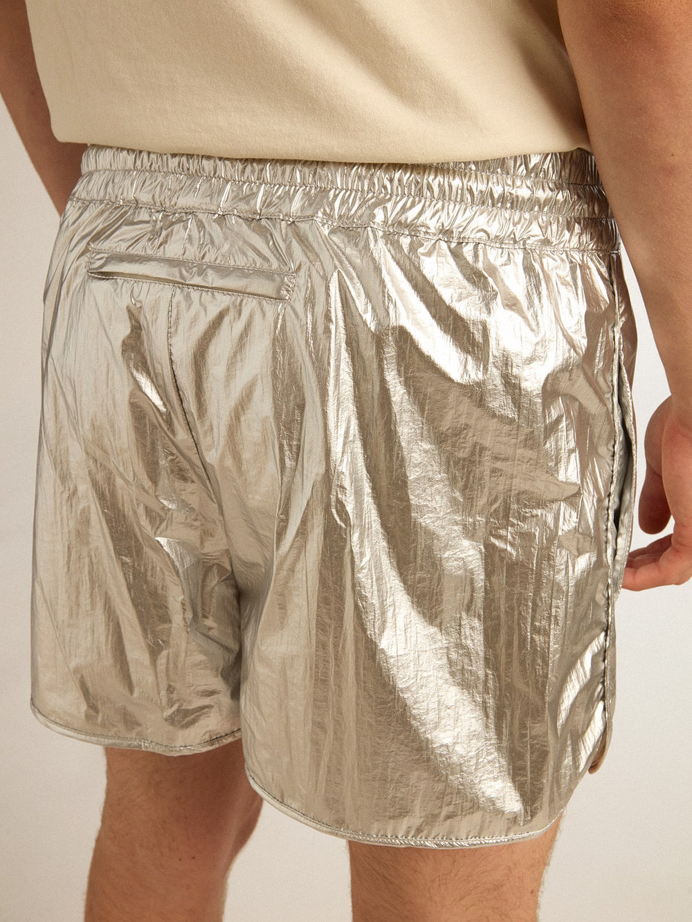 Golden Goose Men's running shorts in silver fabric