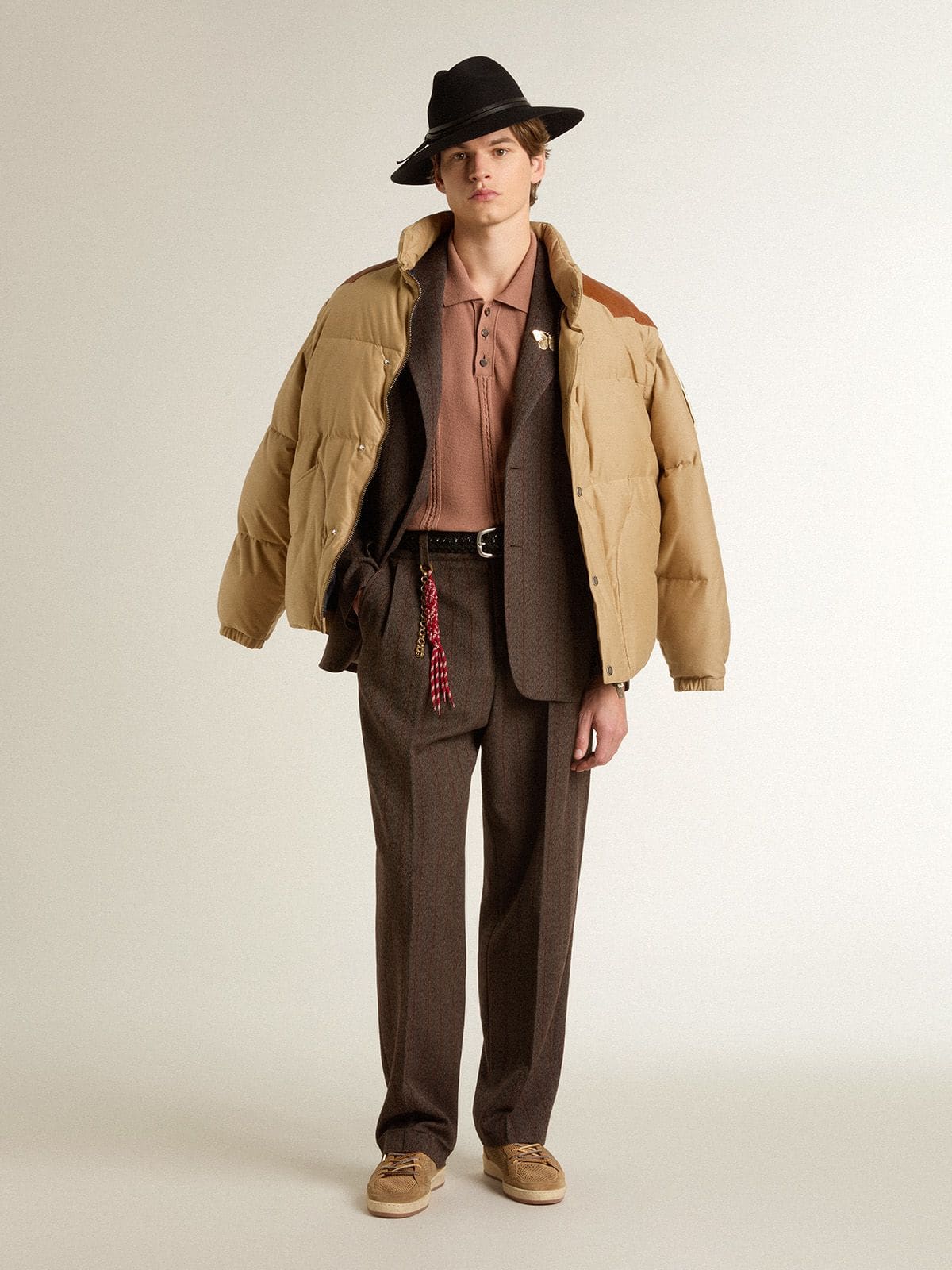 Golden Goose Men's joggers in dark brown wool with thin striped pattern