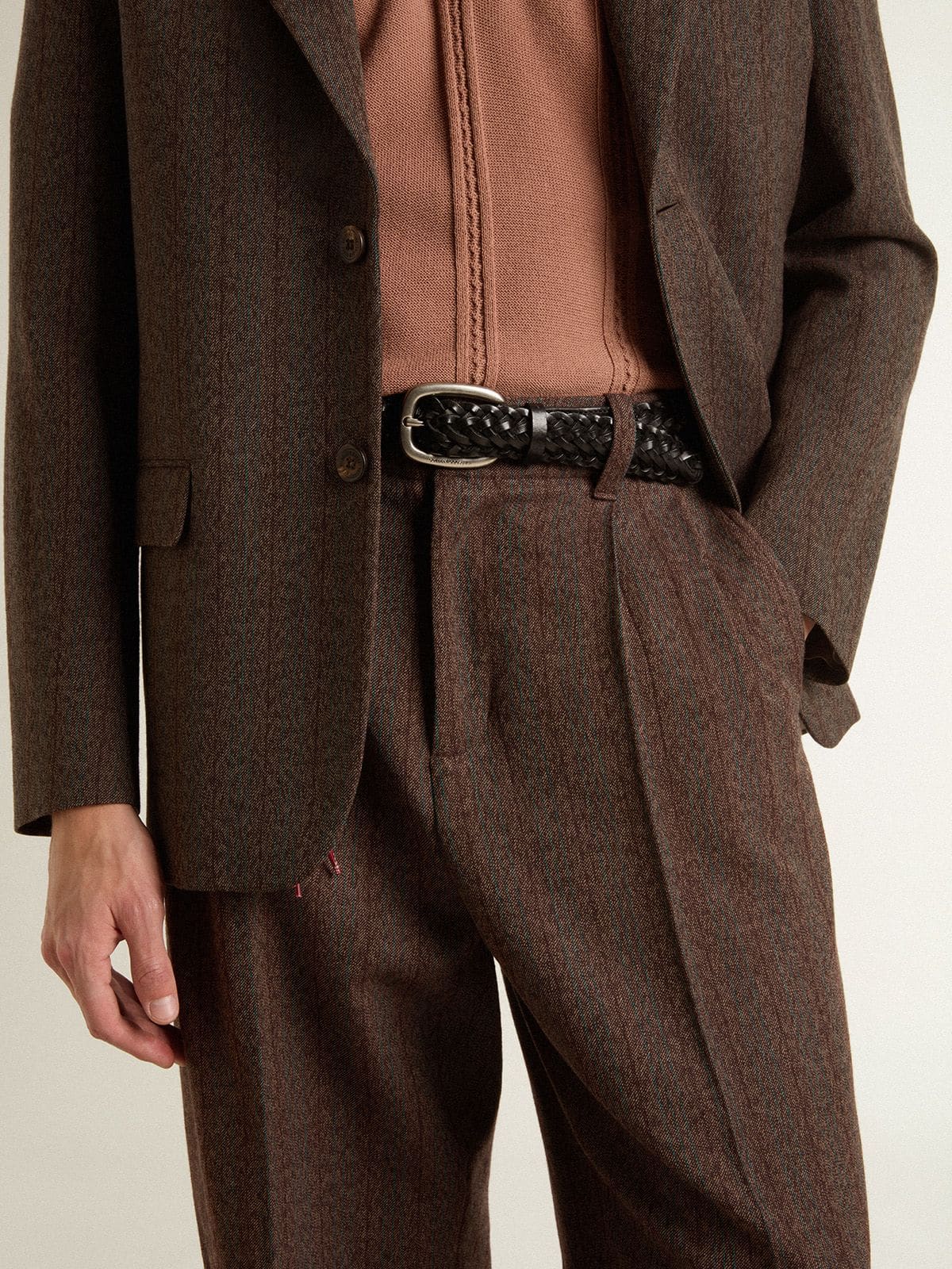 Golden Goose Men's joggers in dark brown wool with thin striped pattern