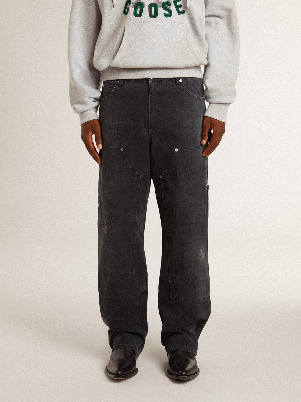 Golden Goose Men's distressed black cotton jeans with front patches