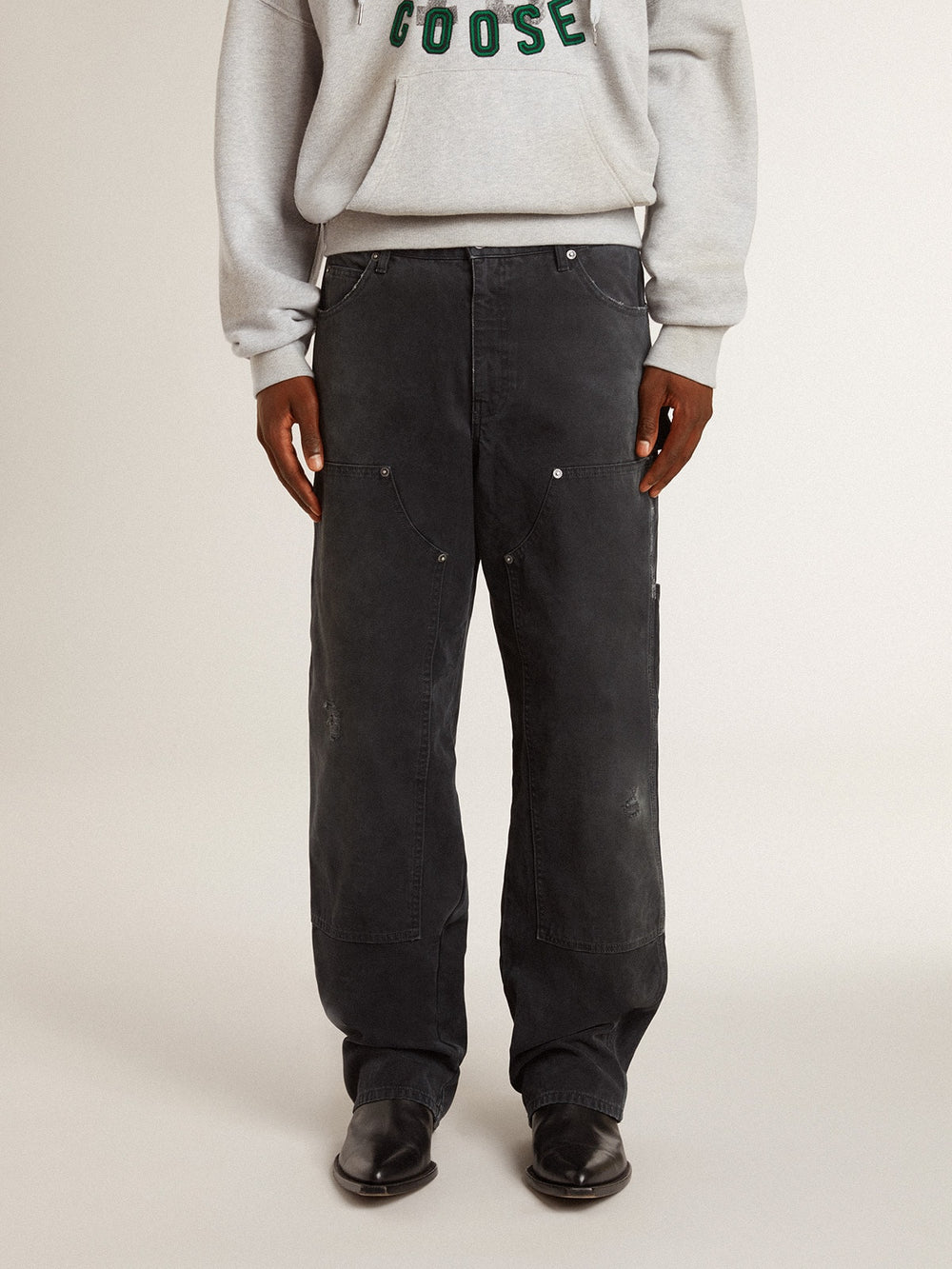 Golden Goose Men's distressed black cotton jeans with front patches