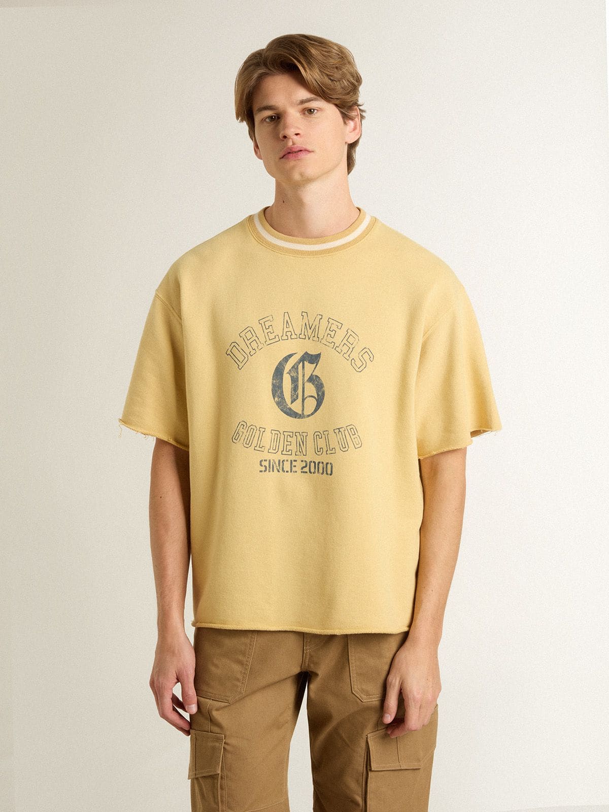 Golden Goose Men's oversized yellow cotton T-shirt with blue print