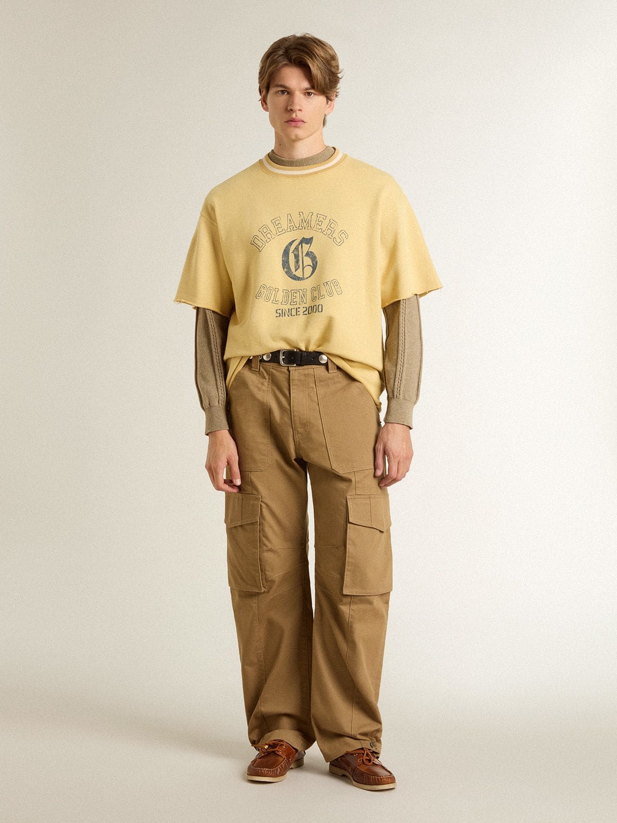 Golden Goose Men's oversized yellow cotton T-shirt with blue print