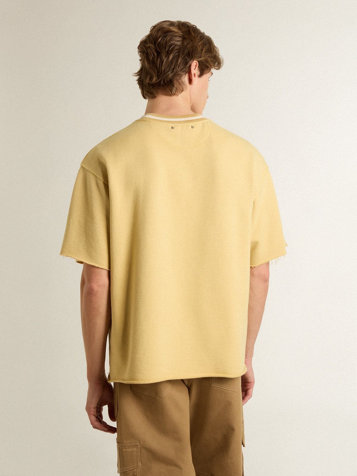 Golden Goose Men's oversized yellow cotton T-shirt with blue print