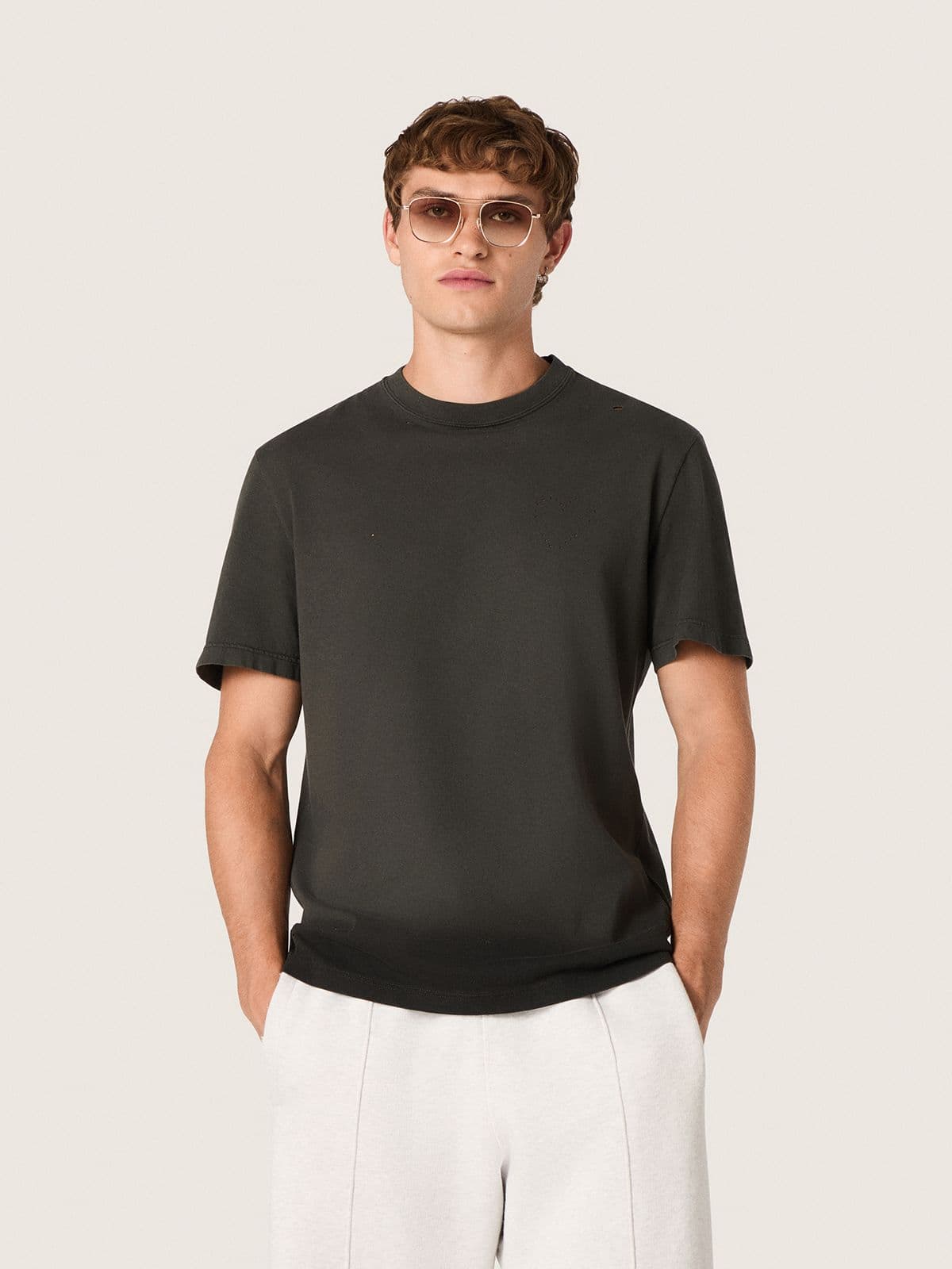 Golden Goose Men’s T-shirt in anthracite cotton jersey with perforated heart