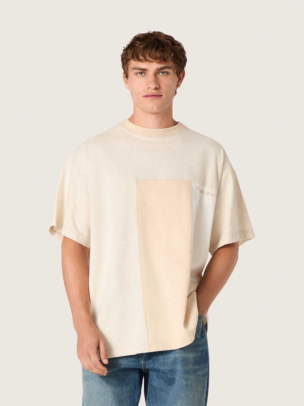 Golden Goose Men's T-shirt in cotton jersey with white and beige patchwork effect