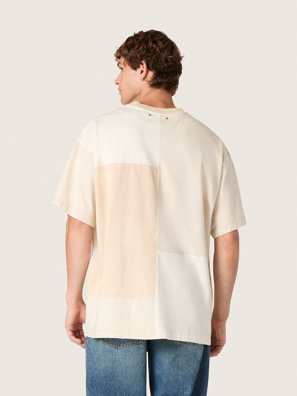 Golden Goose Men's T-shirt in cotton jersey with white and beige patchwork effect