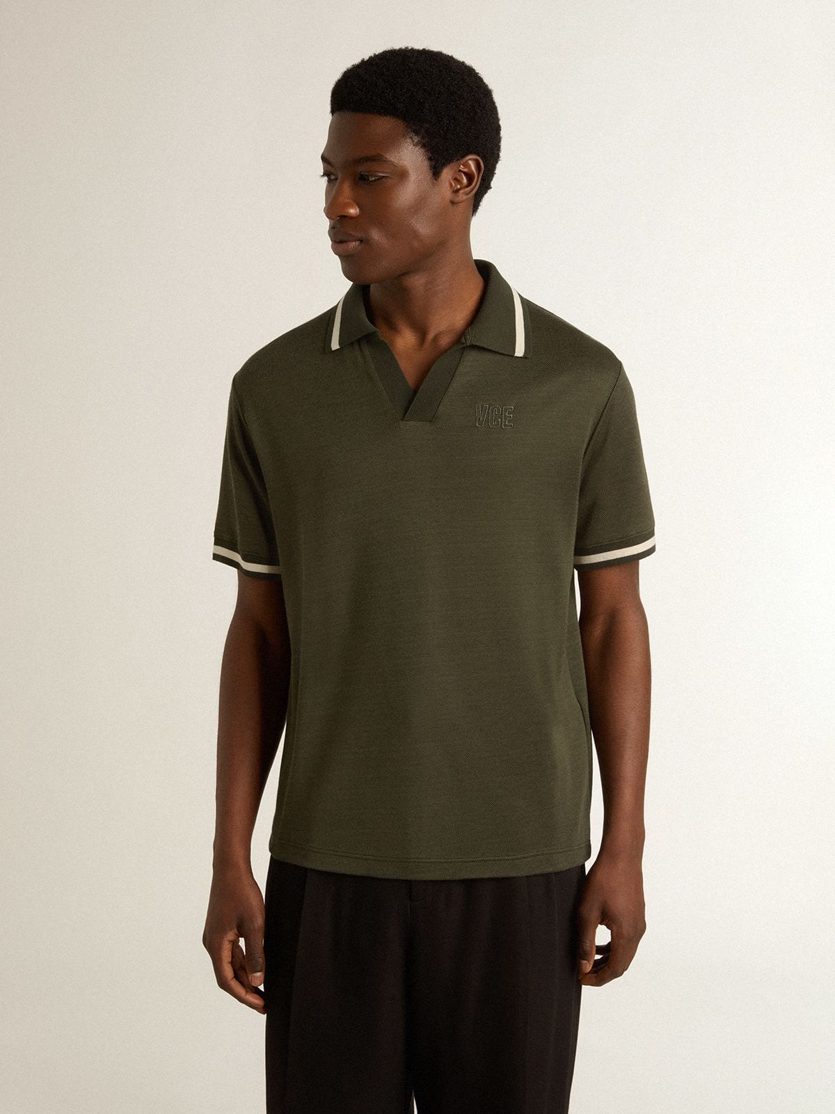 Golden Goose Men's military-green jersey polo with embroidery
