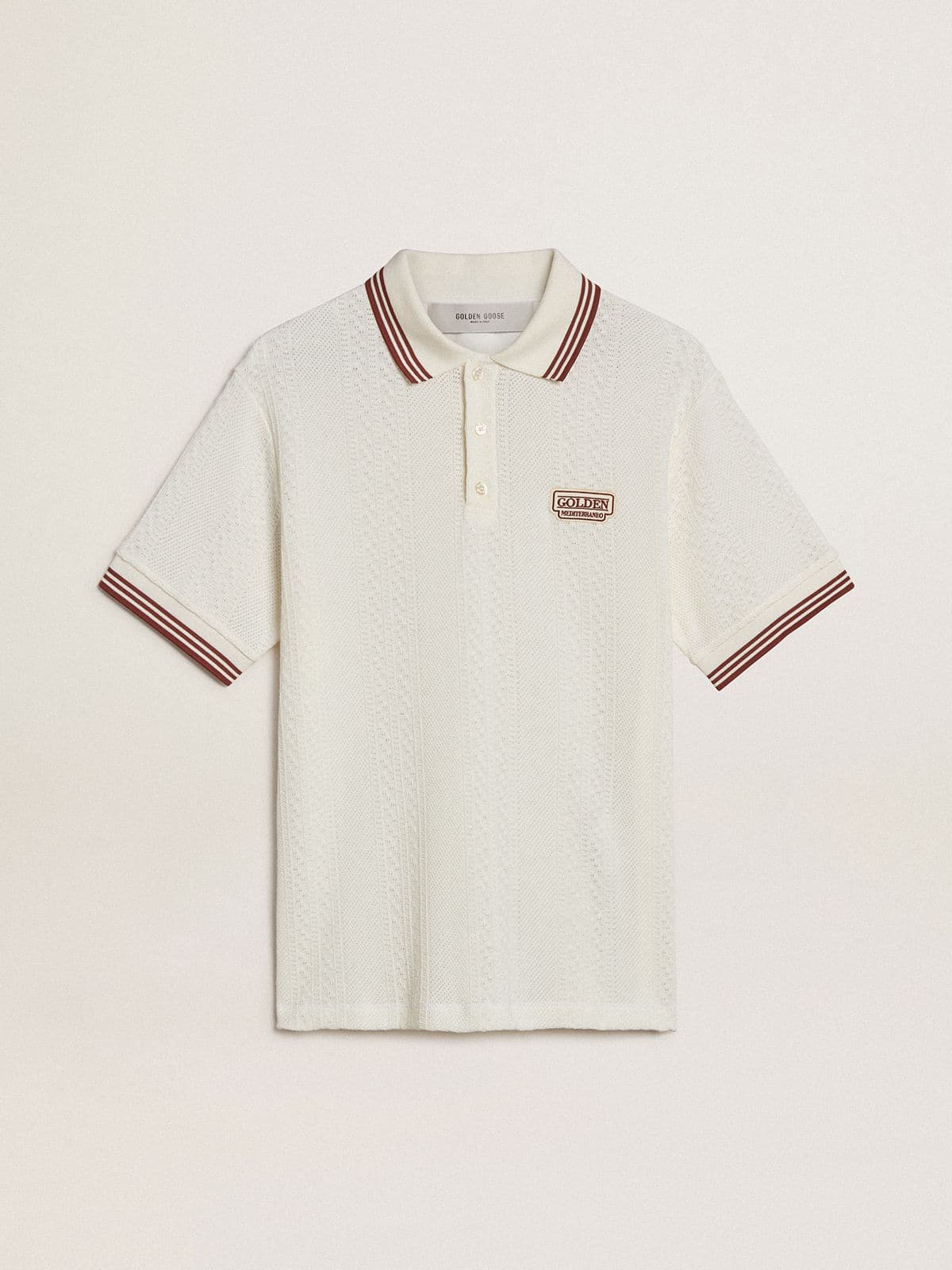 Golden Goose Men's polo shirt in white perforated knit with burgundy striped details
