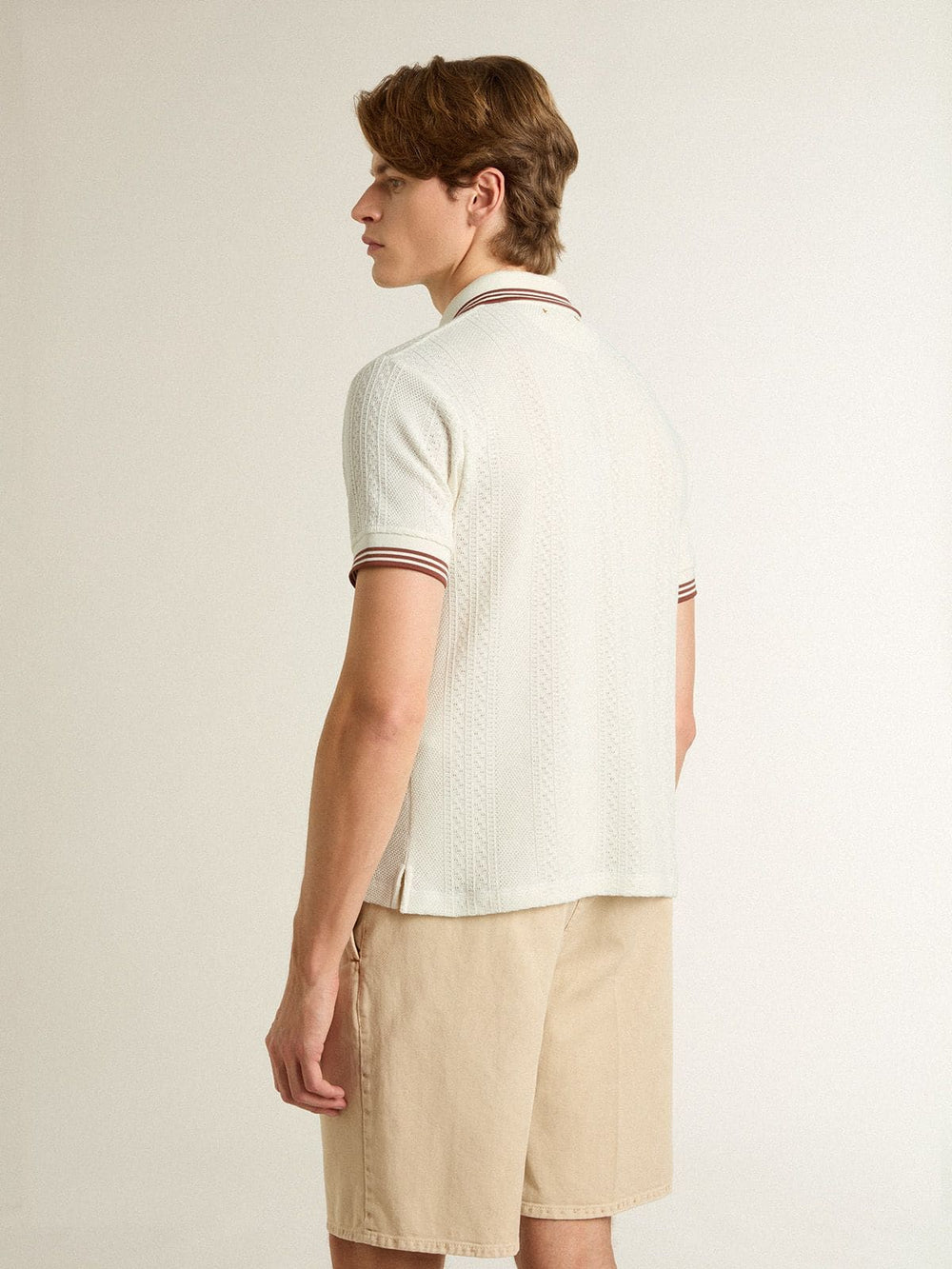 Golden Goose Men's polo shirt in white perforated knit with burgundy striped details