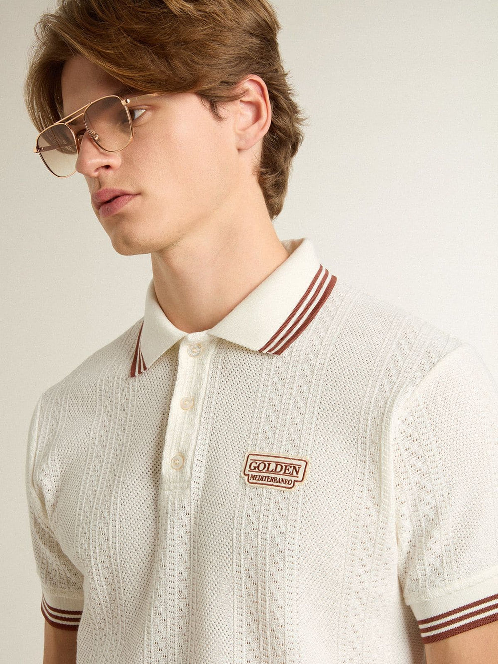 Golden Goose Men's polo shirt in white perforated knit with burgundy striped details