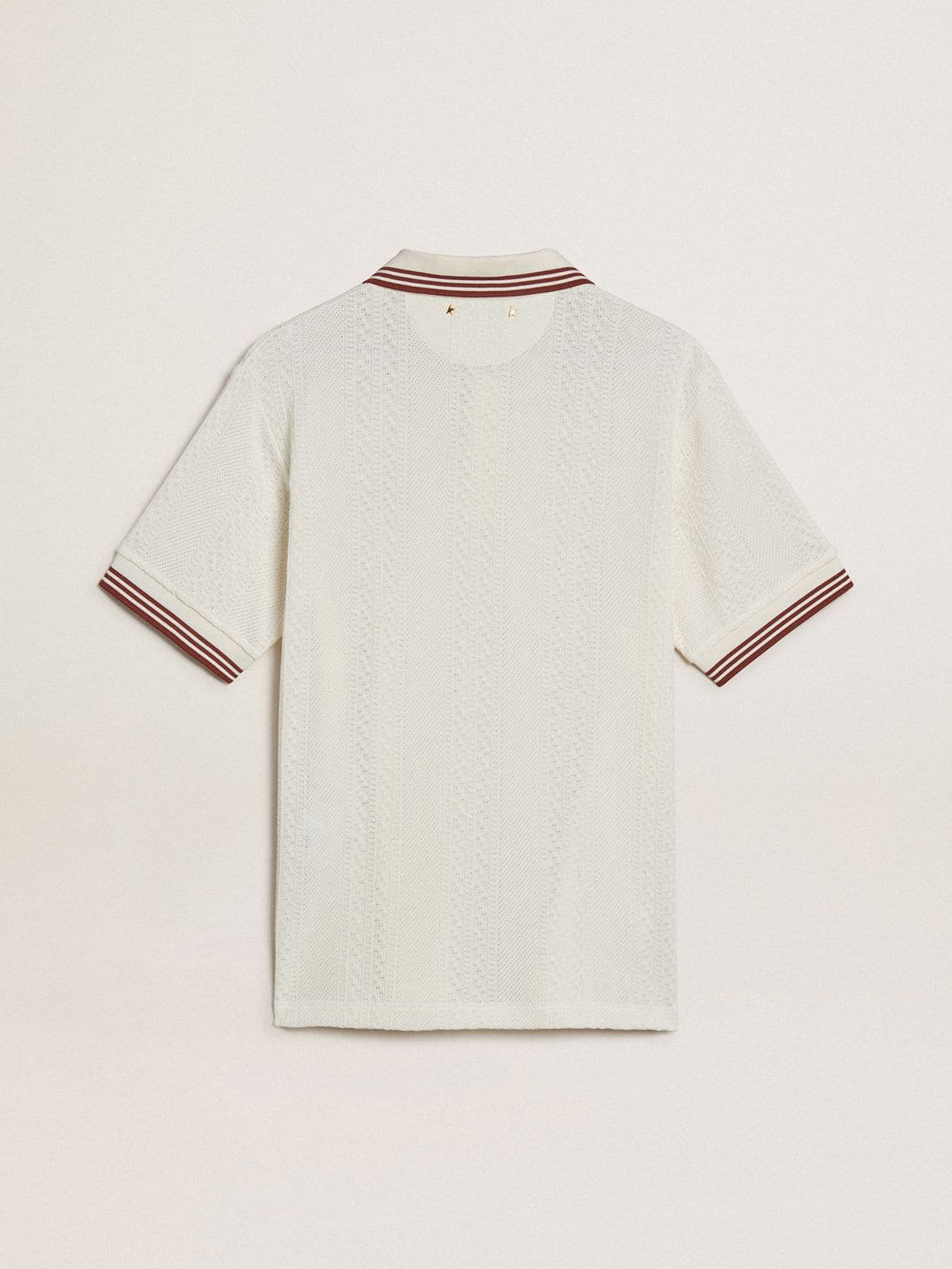 Golden Goose Men's polo shirt in white perforated knit with burgundy striped details