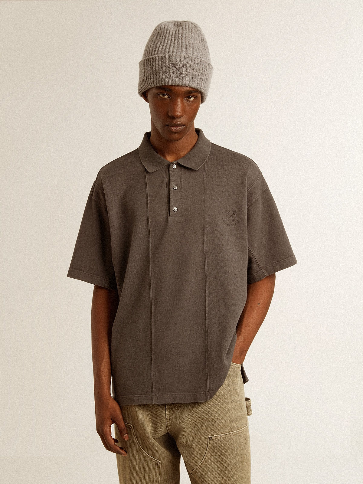 Golden Goose Men's cotton polo shirt in anthracite gray with embroidery