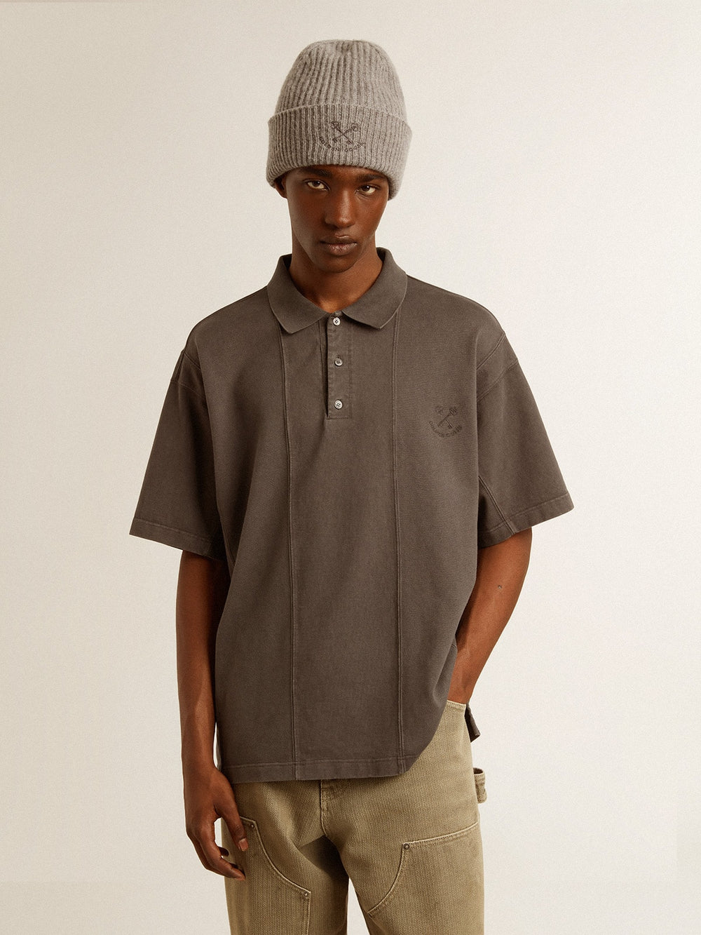 Golden Goose Men's cotton polo shirt in anthracite gray with embroidery