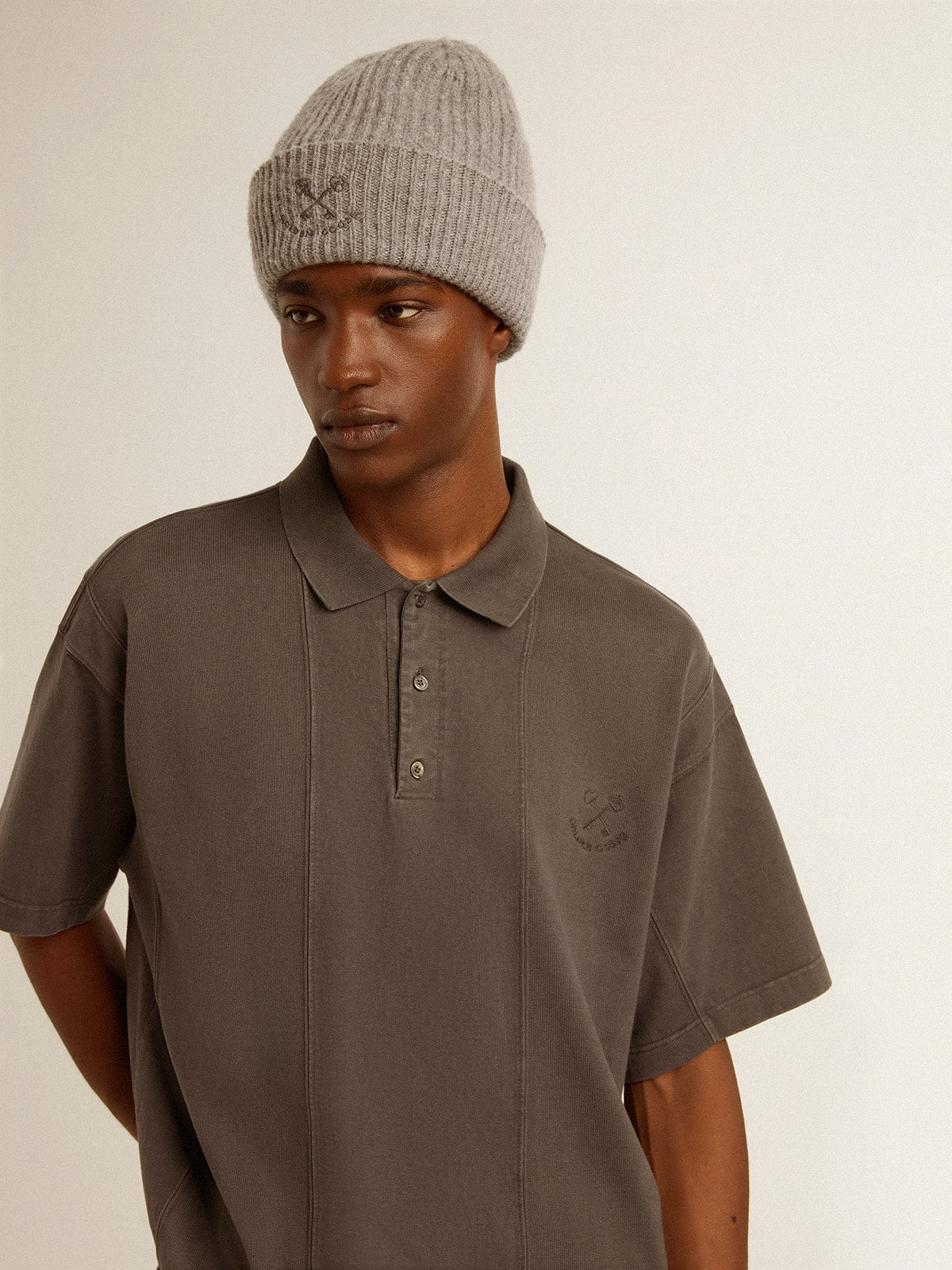 Golden Goose Men's cotton polo shirt in anthracite gray with embroidery