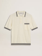 Golden Goose Men's worn-white knitted polo shirt with blue ribbing