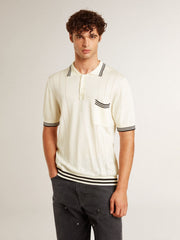 Golden Goose Men's worn-white knitted polo shirt with blue ribbing