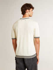 Golden Goose Men's worn-white knitted polo shirt with blue ribbing