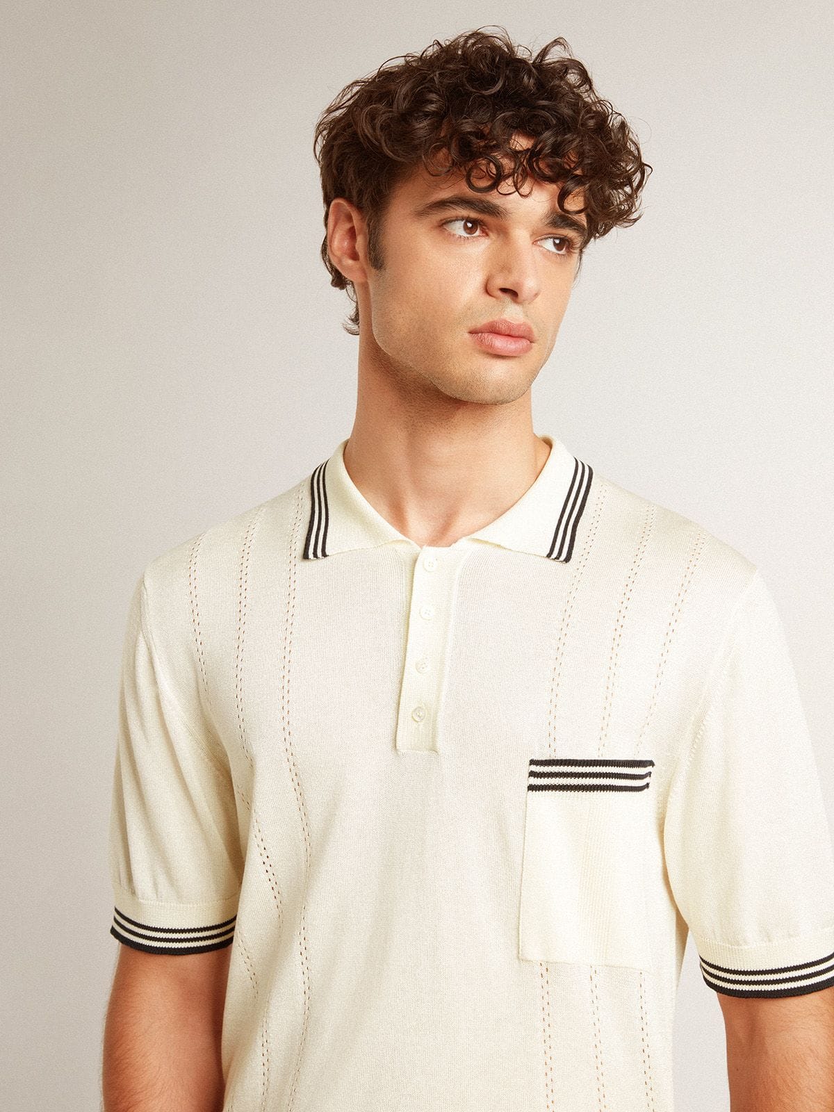 Golden Goose Men's worn-white knitted polo shirt with blue ribbing