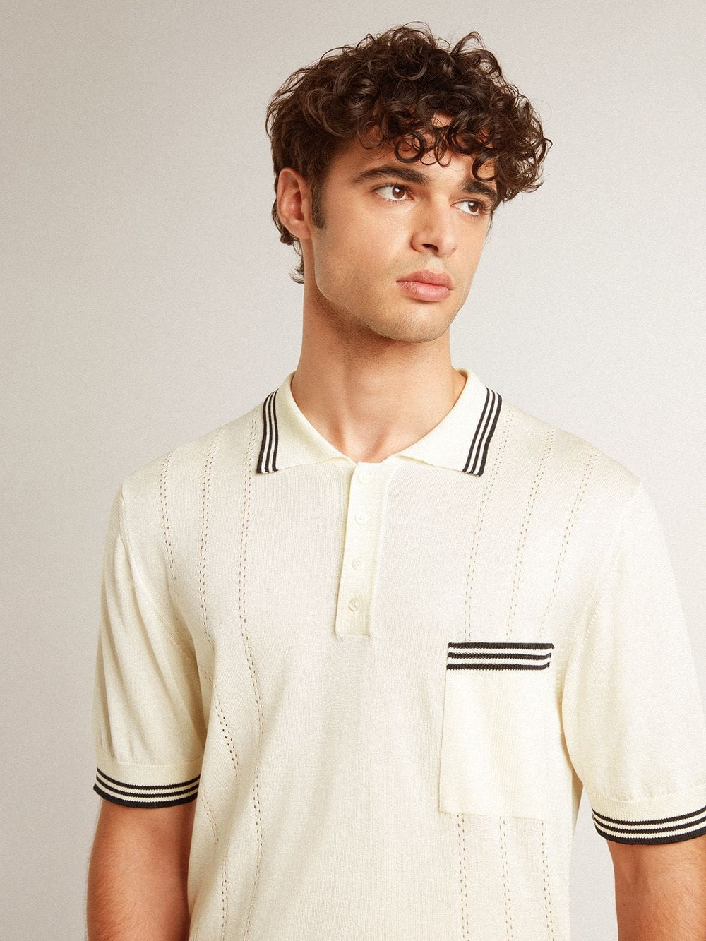 Golden Goose Men's worn-white knitted polo shirt with blue ribbing