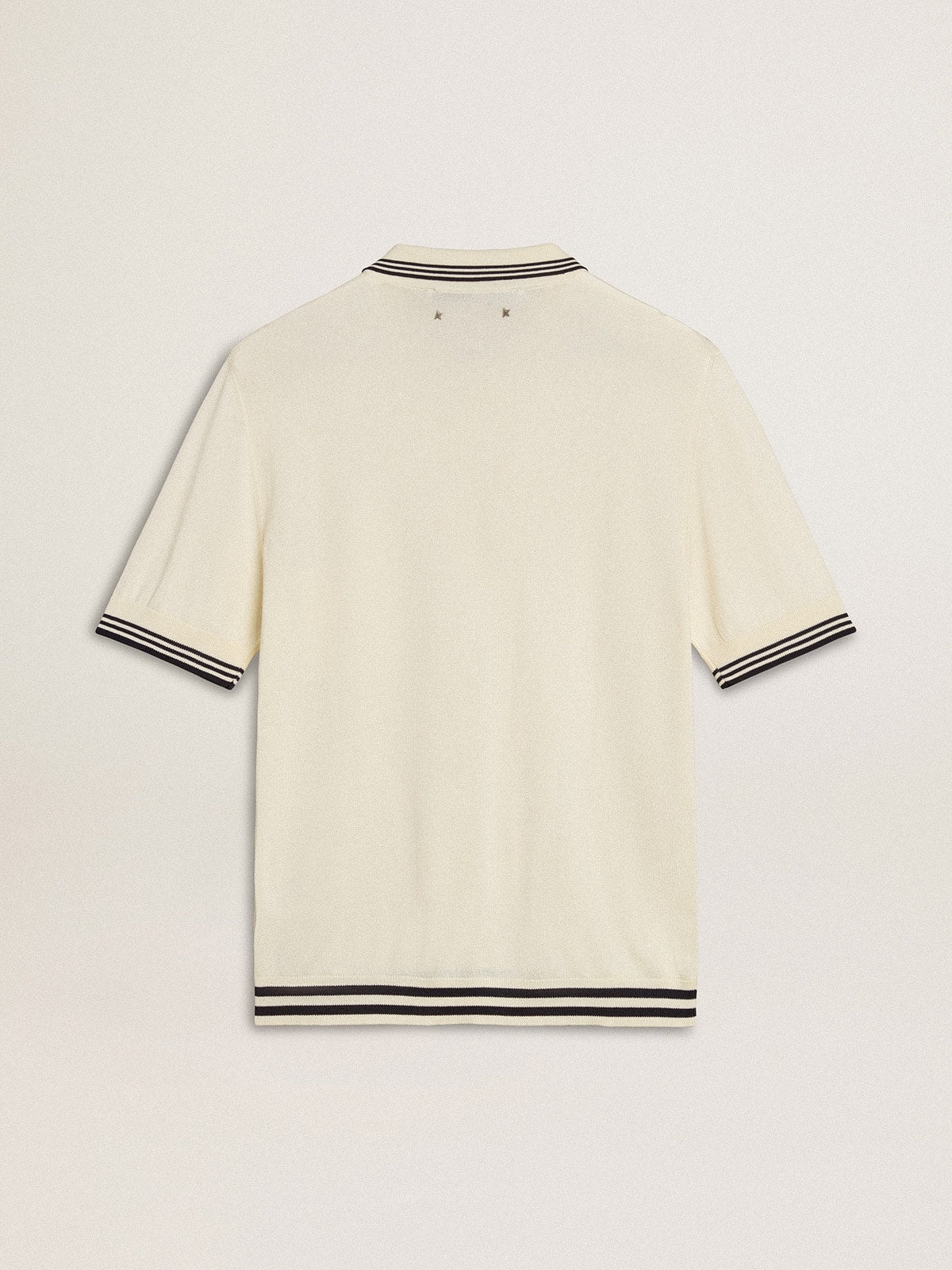 Golden Goose Men's worn-white knitted polo shirt with blue ribbing