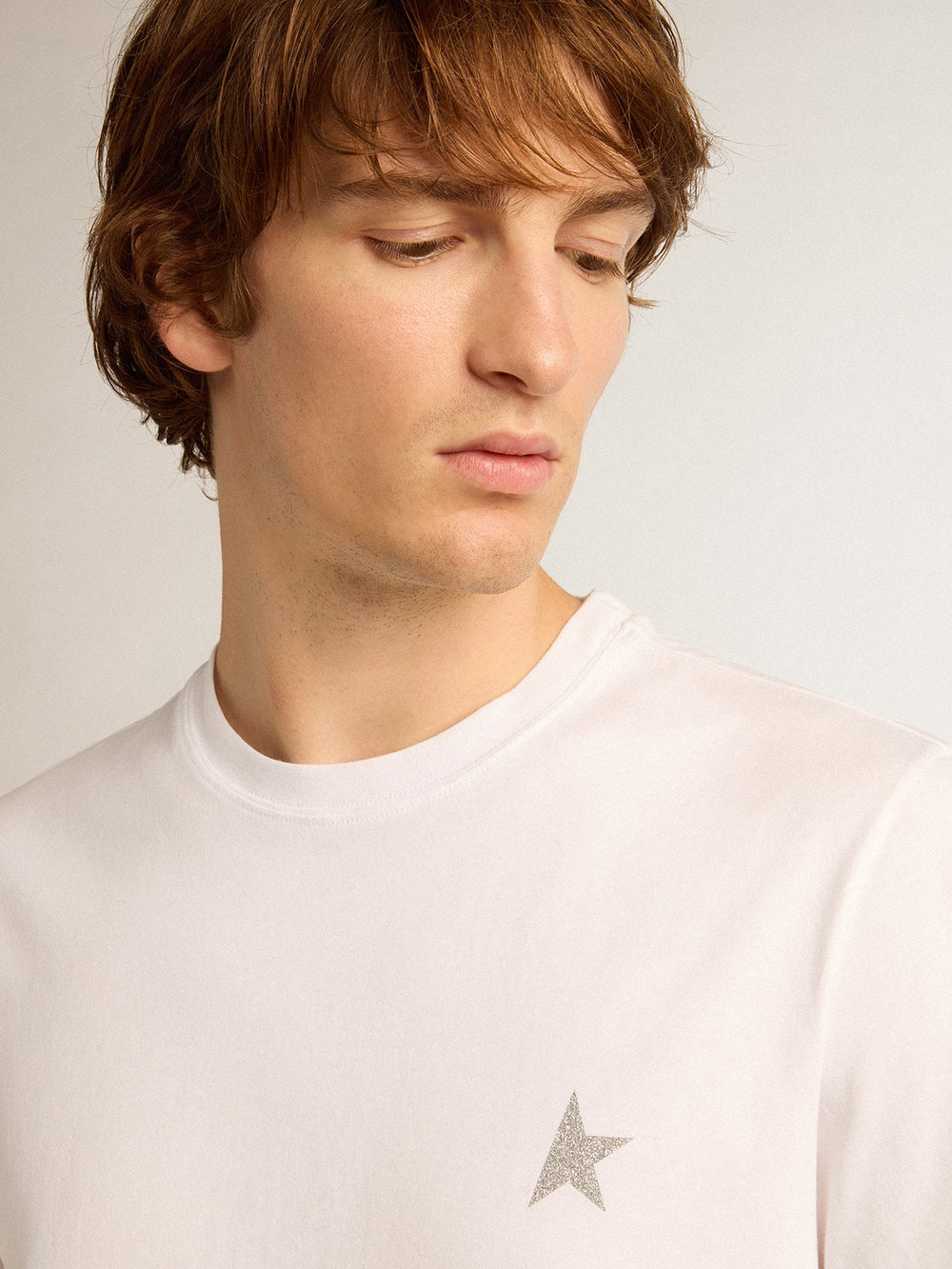 Golden Goose Men's white T-shirt with silver glitter star on the front