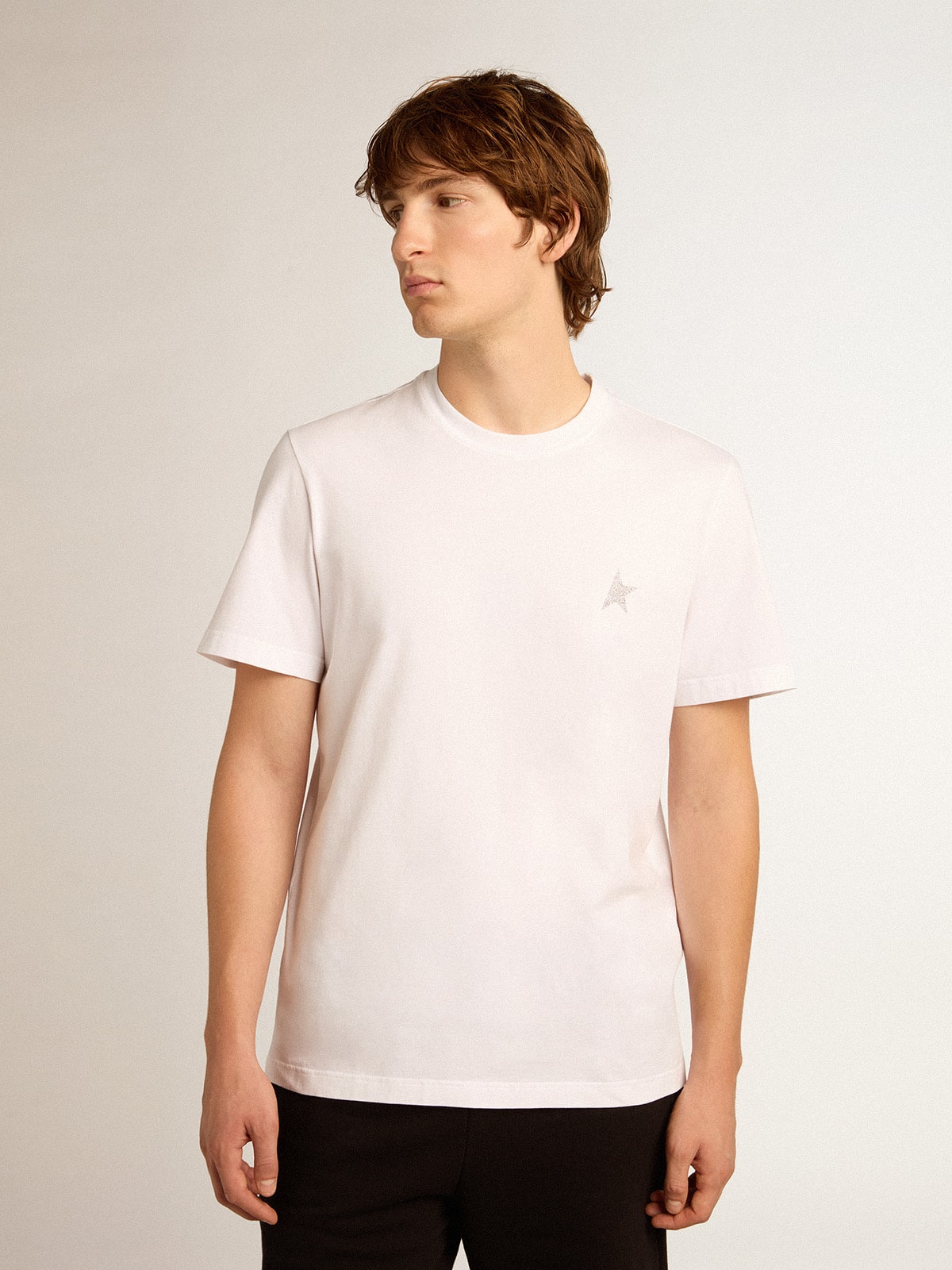 Golden Goose Men's white T-shirt with silver glitter star on the front