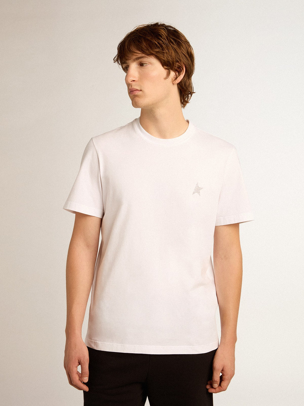 Golden Goose Men's white T-shirt with silver glitter star on the front