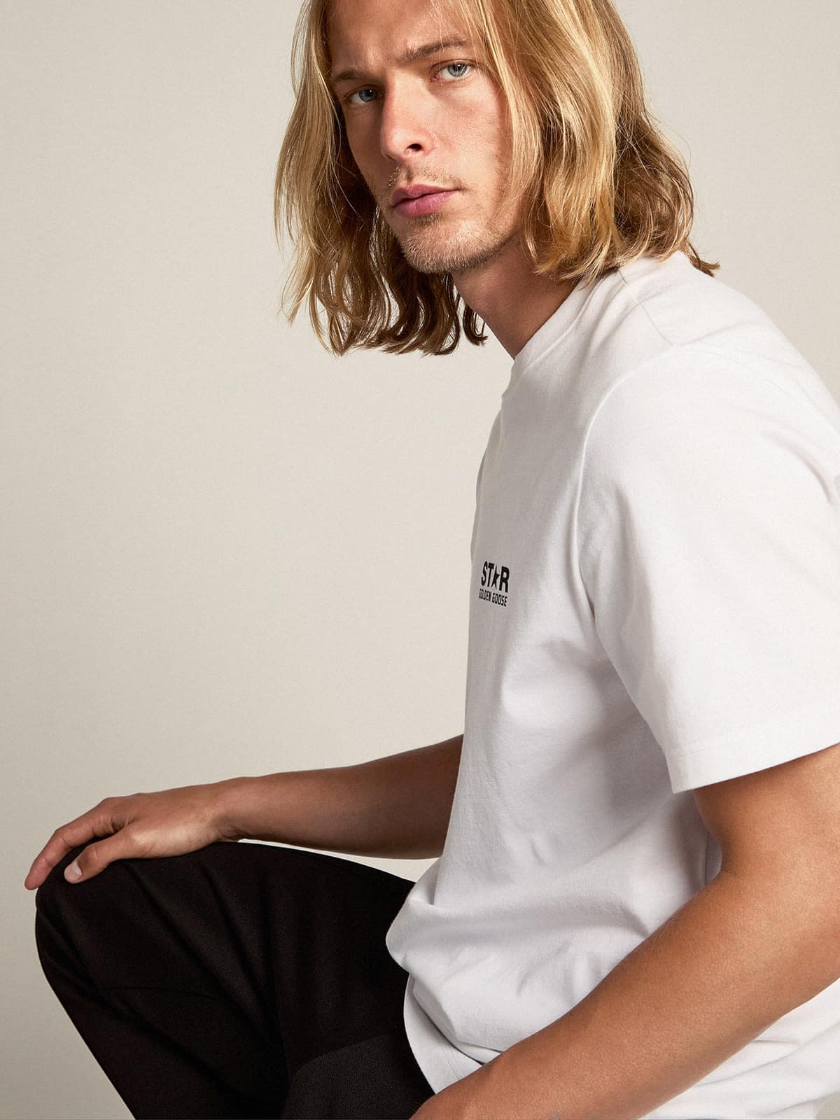 Golden Goose White Star Collection T-shirt with contrasting black logo and star