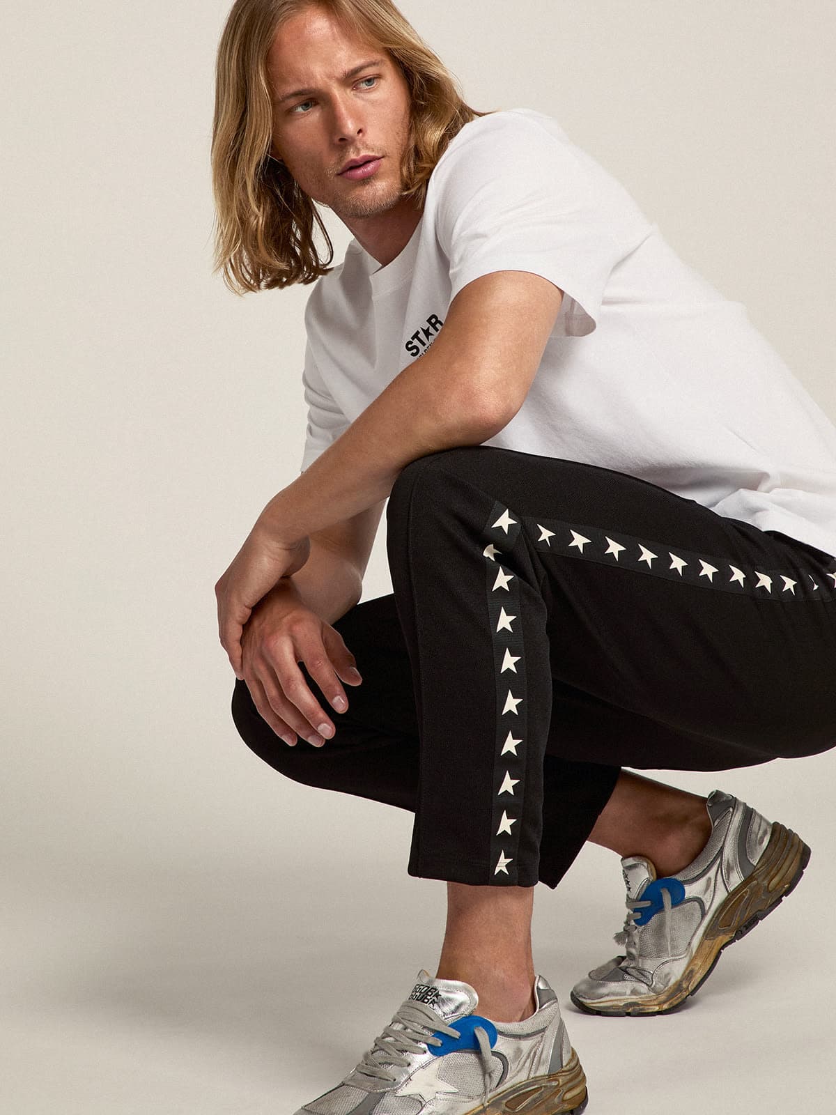 Golden Goose White Star Collection T-shirt with contrasting black logo and star