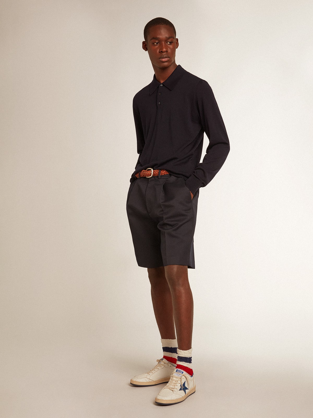 Golden Goose Men’s long-sleeved polo shirt in navy-blue merino wool
