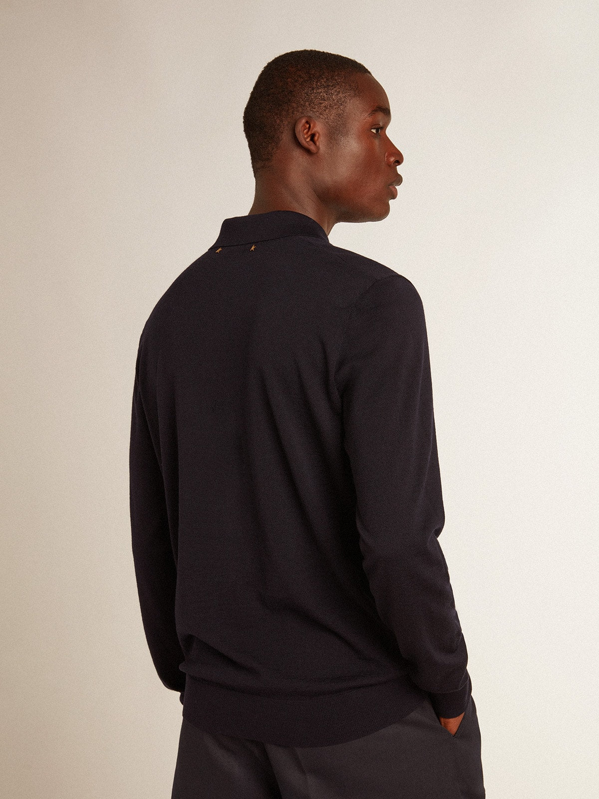 Golden Goose Men’s long-sleeved polo shirt in navy-blue merino wool