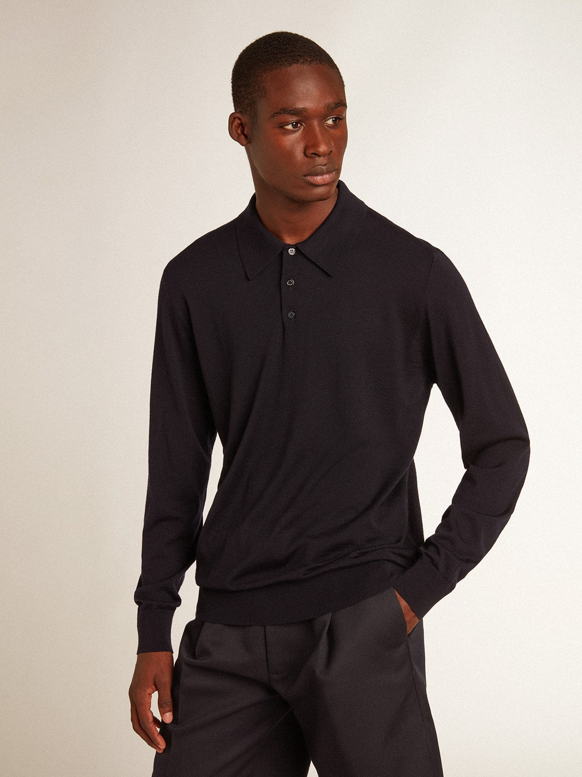 Golden Goose Men’s long-sleeved polo shirt in navy-blue merino wool