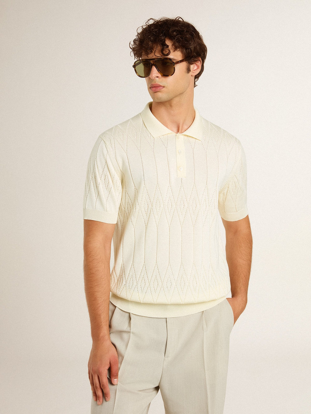 Golden Goose Men's white jacquard knit polo shirt