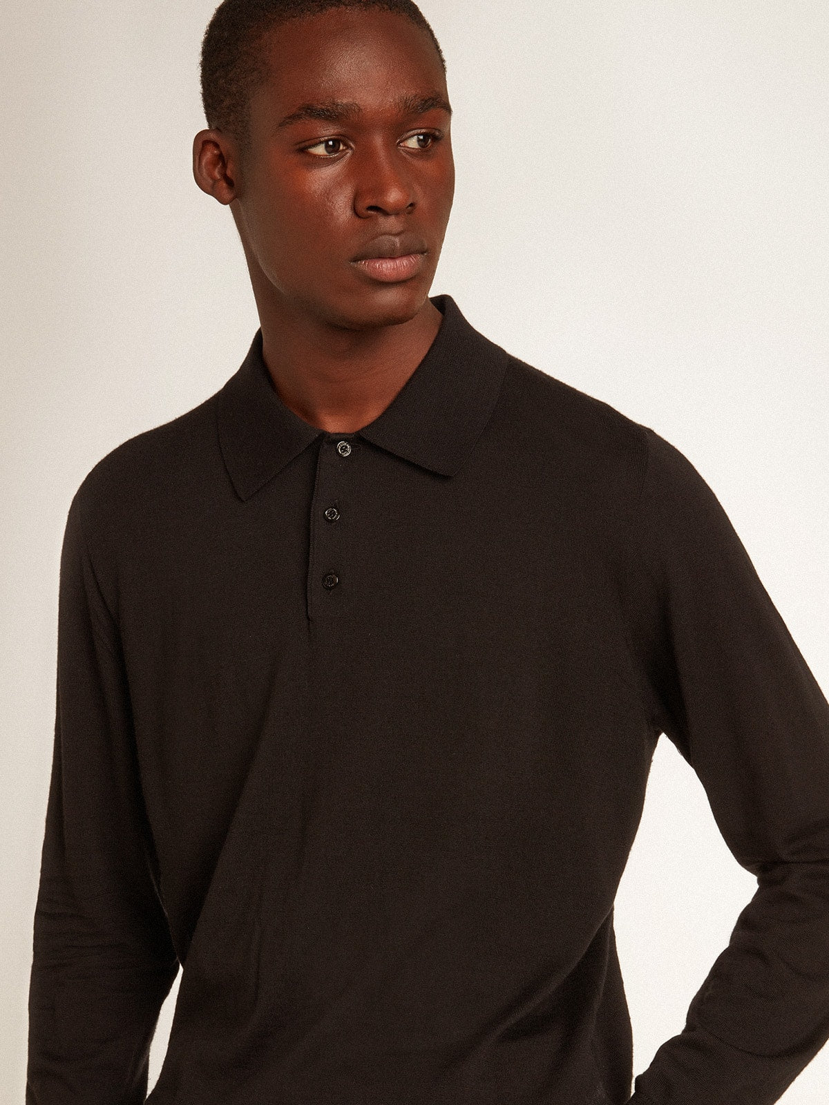 Golden Goose Men’s long-sleeved polo shirt in black merino wool