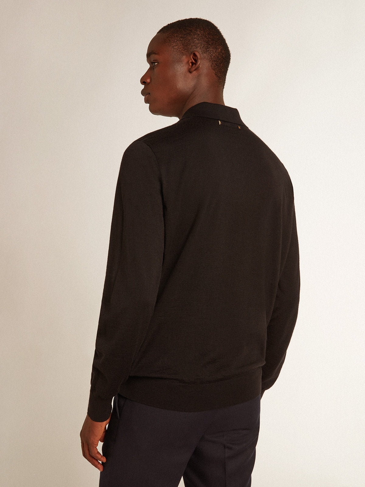 Golden Goose Men’s long-sleeved polo shirt in black merino wool