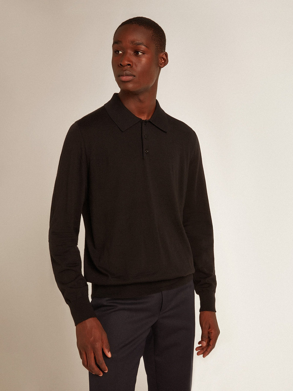 Golden Goose Men’s long-sleeved polo shirt in black merino wool