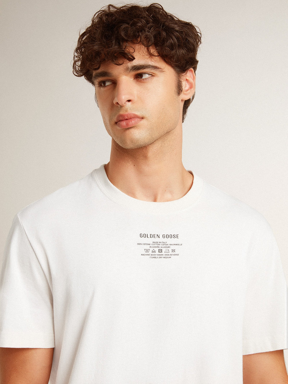 Golden Goose Men's worn-white cotton T-shirt with black lettering