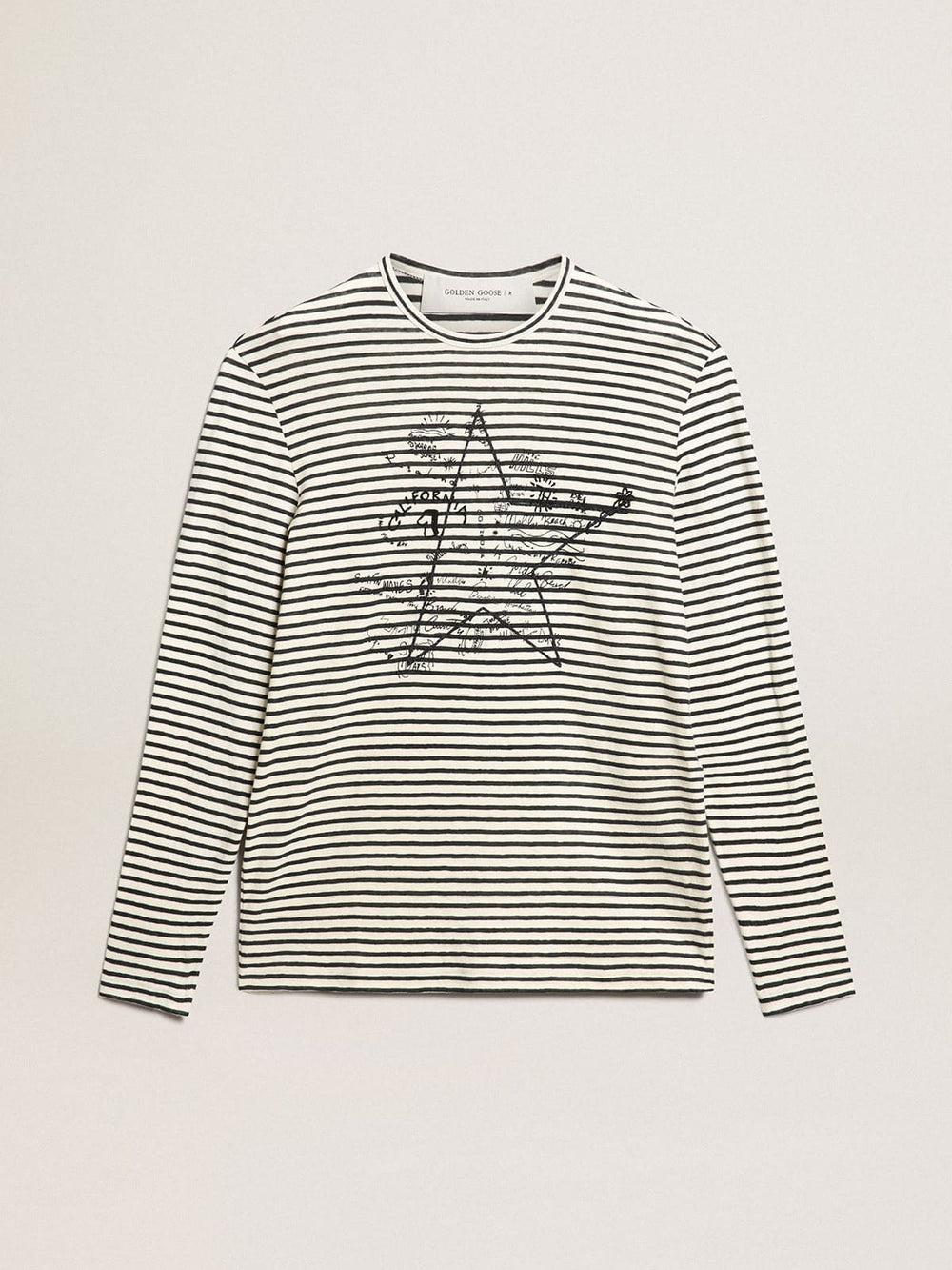 Golden Goose Men's T-shirt with white and blue stripes and embroidery on the front