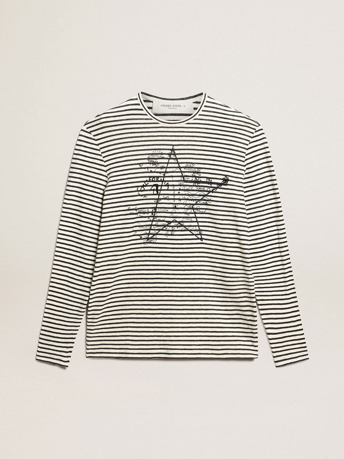 Golden Goose Men's T-shirt with white and blue stripes and embroidery on the front