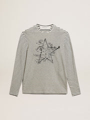 Golden Goose Men's T-shirt with white and blue stripes and embroidery on the front