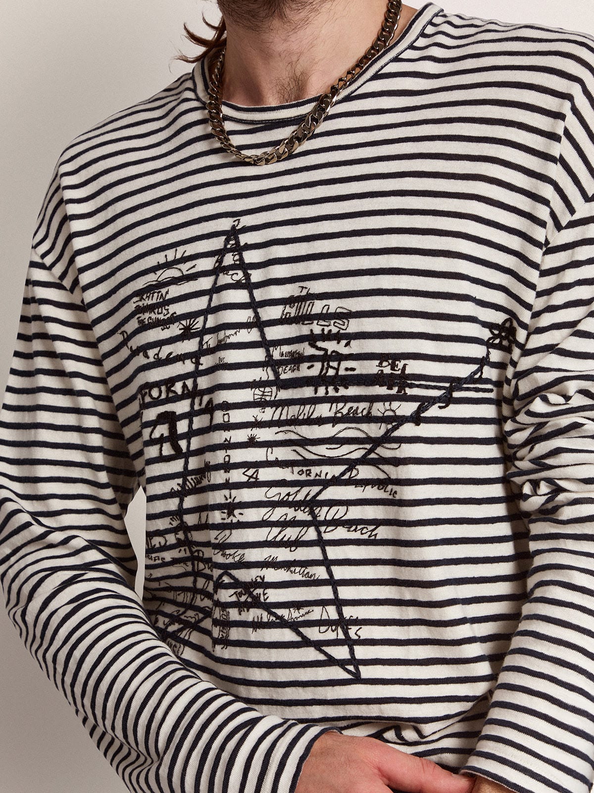 Golden Goose Men's T-shirt with white and blue stripes and embroidery on the front