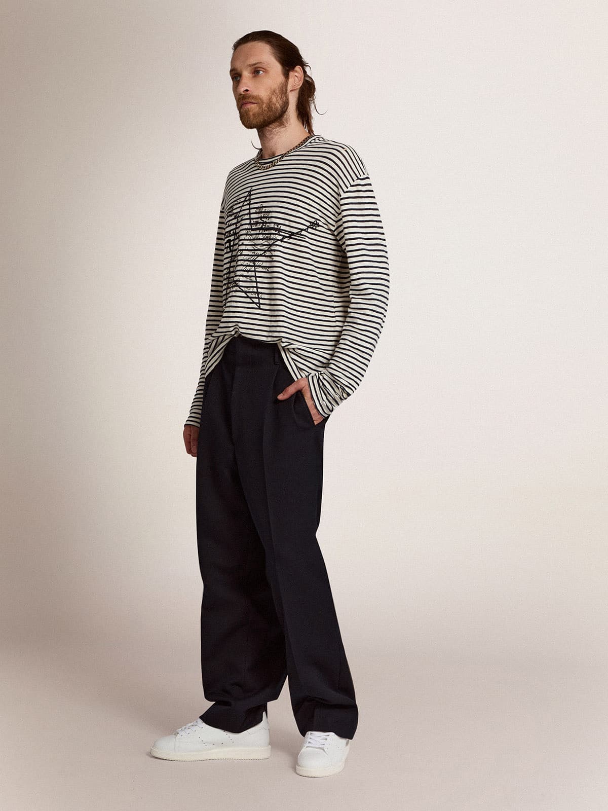 Golden Goose Men's T-shirt with white and blue stripes and embroidery on the front