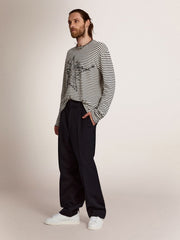 Golden Goose Men's T-shirt with white and blue stripes and embroidery on the front