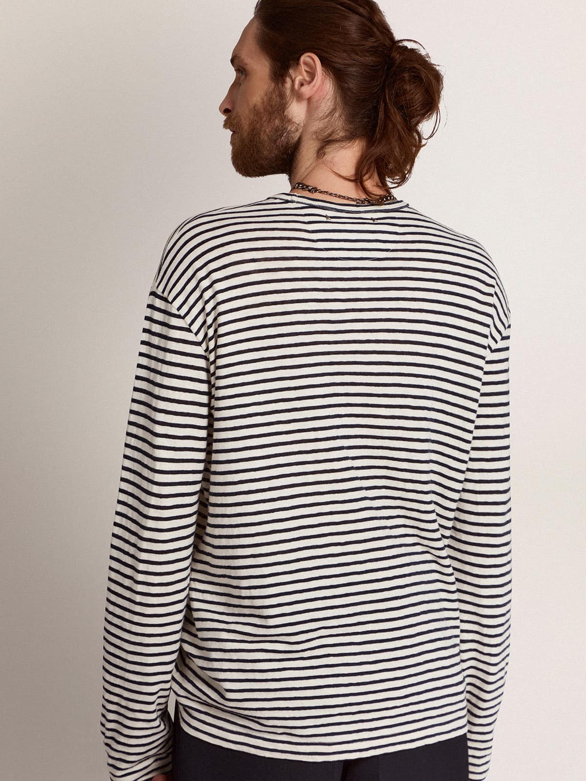 Golden Goose Men's T-shirt with white and blue stripes and embroidery on the front