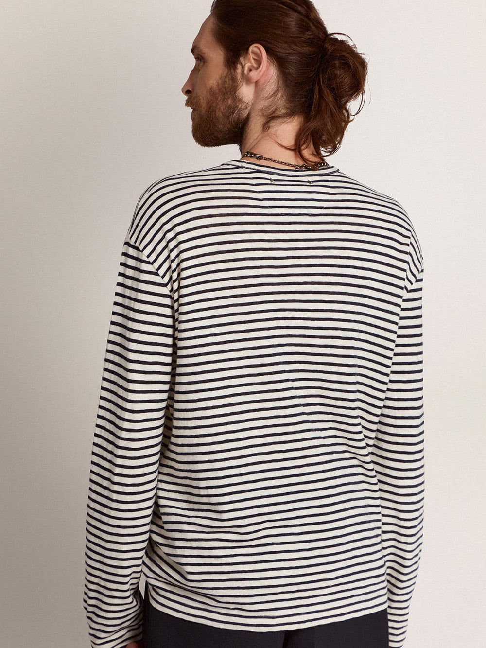 Golden Goose Men's T-shirt with white and blue stripes and embroidery on the front