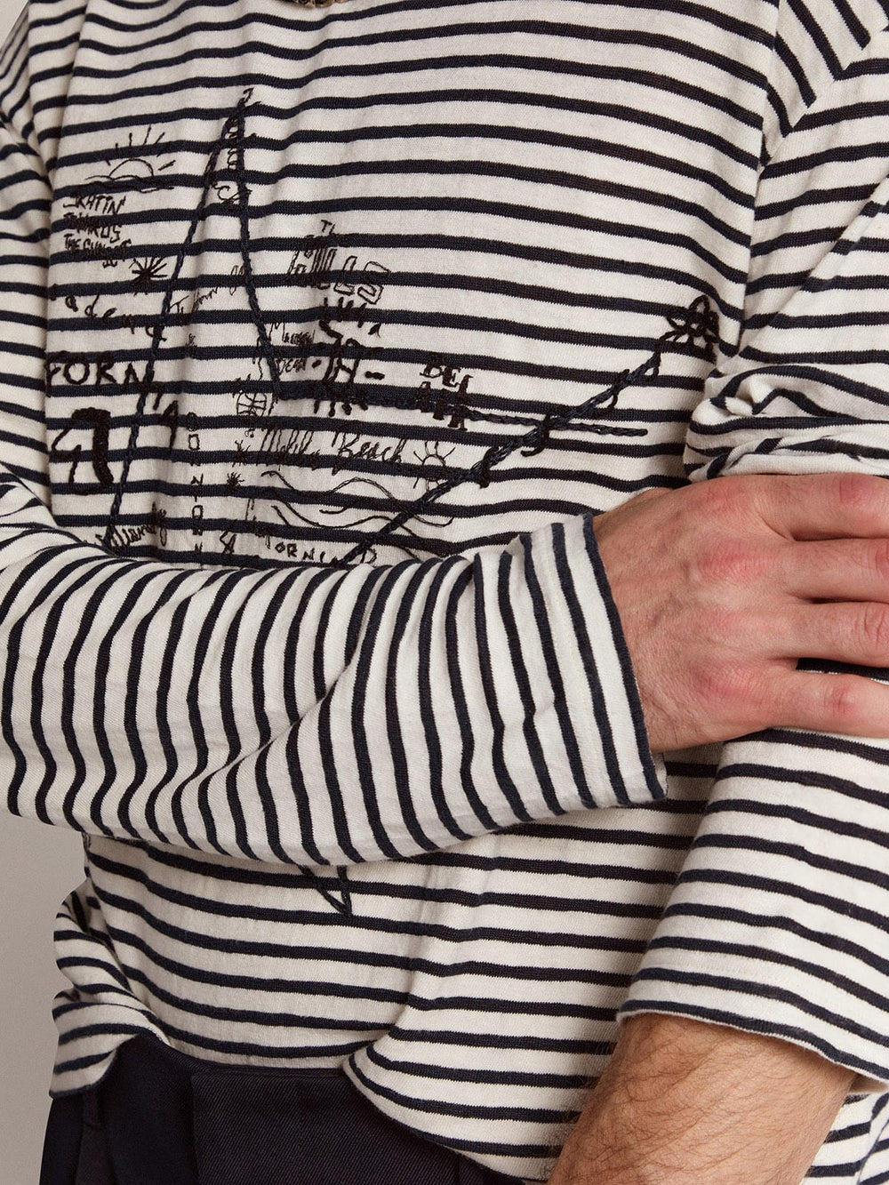 Golden Goose Men's T-shirt with white and blue stripes and embroidery on the front